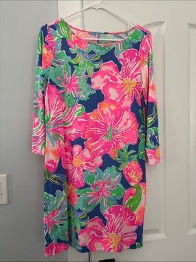 Lilly Pulitzer Vibrant Floral Shift Dress - Neon Pink & Blue